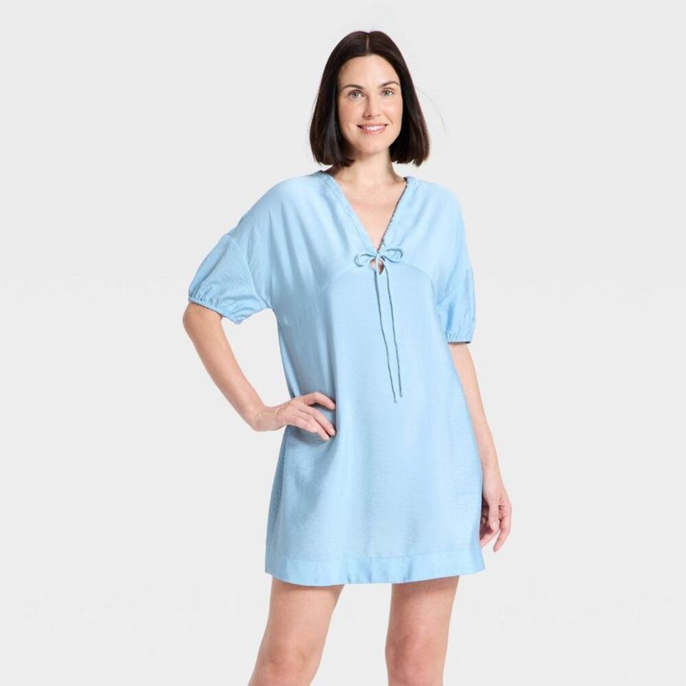 Women's Tie-Front Mini Dress - A New Day Blue S